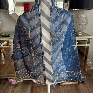 Embroidered Sheer Blue Scarf